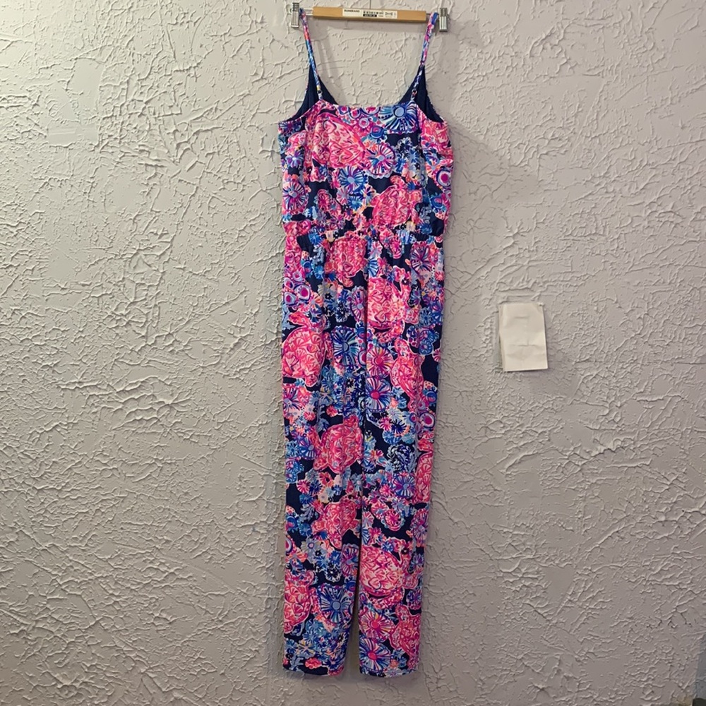 Lilly Pulitzer Dante Jumpsuit Navy Pink Medium High Tide Turtle Amazement Floral - Picture 11 of 15